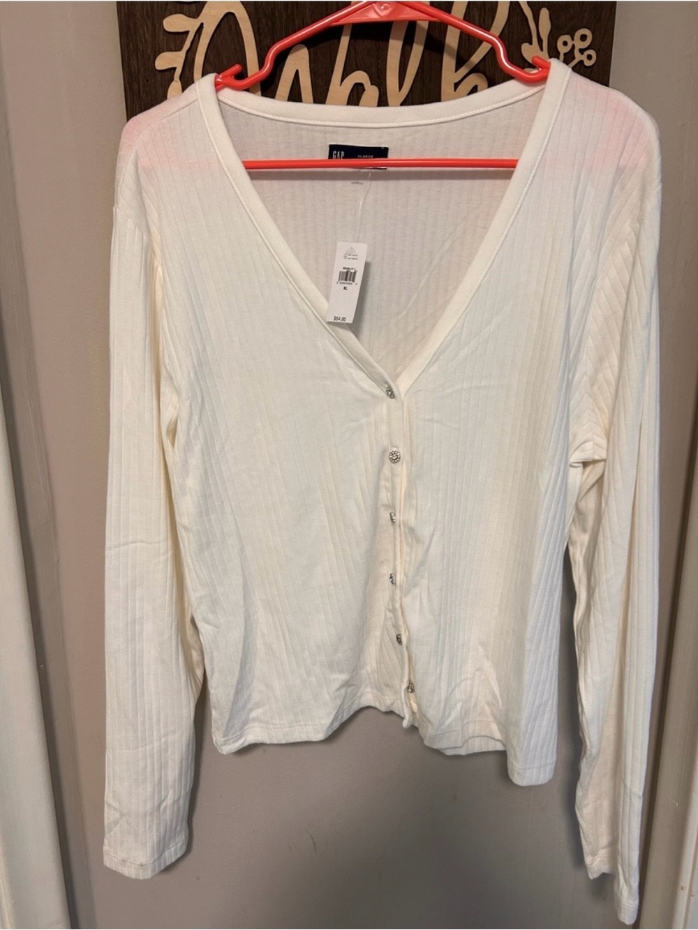 GAP Cream Ribbed Button-Down V-Neck Top - Picture 2 of 2